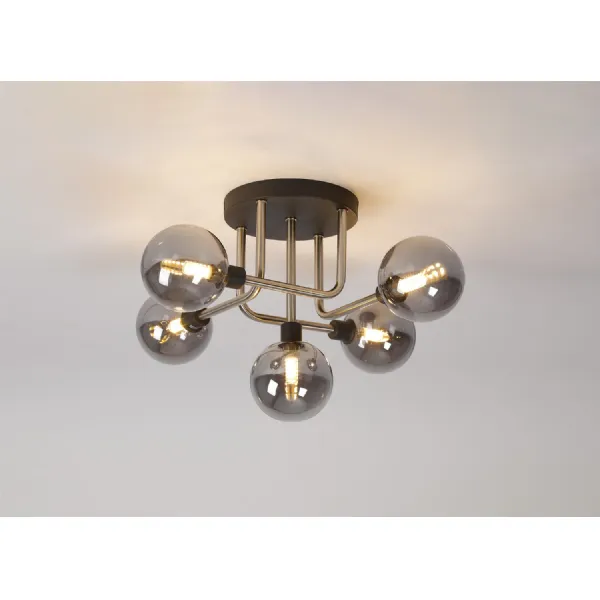Leyton Flush Ceiling, 5 Light G9, Graphite Satin Nickel Smoke Glass