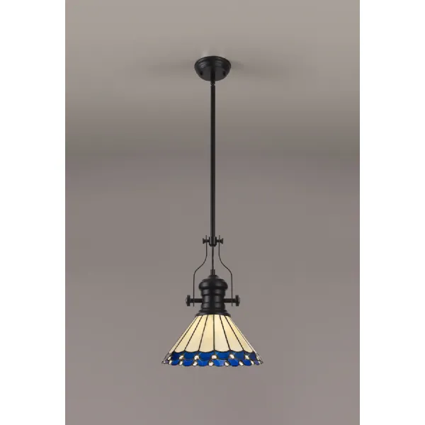 Ware 1 Light Pendant E27 With 30cm Tiffany Shade, Matt Black Blue Cream Crystal