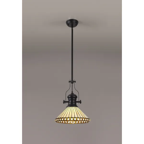 Rayleigh 1 Light Pendant E27 With 30cm Tiffany Shade, Matt Black Amber Cream Crystal