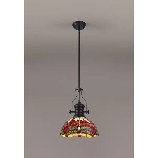 Hitchin 1 Light Pendant E27 With 30cm Tiffany Shade, Matt Black Purple Pink Crystal