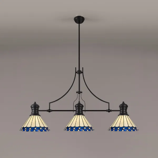Matt Black Blue Cream 3 Light E27 Tiffany Linear Pendant