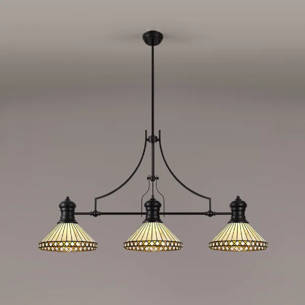 Matt Black Amber Cream 3 Light E27 Tiffany Linear Pendant