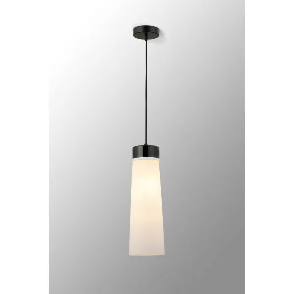 Bordon 1 Light Pendant E27, With Large Opal Cylindrical Cone Glass Black Marble Opal Black Black Fabric