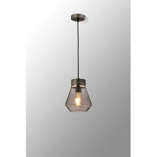 Bordon 1 Light Pendant E27, With Kite Smoke Glass Aged Pewter Smoke Black Fabric