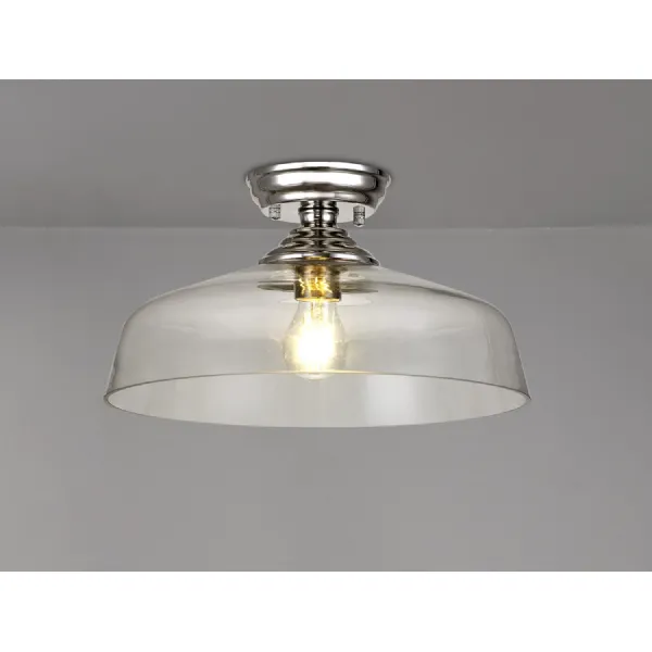 Billericay 1 Light Flush Ceiling E27 With Flat Round 38cm Glass Shade Polished Nickel Clear