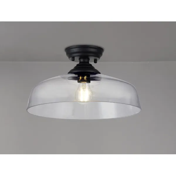 Billericay 1 Light Flush Ceiling E27 With Flat Round 38cm Glass Shade Matt Black Clear