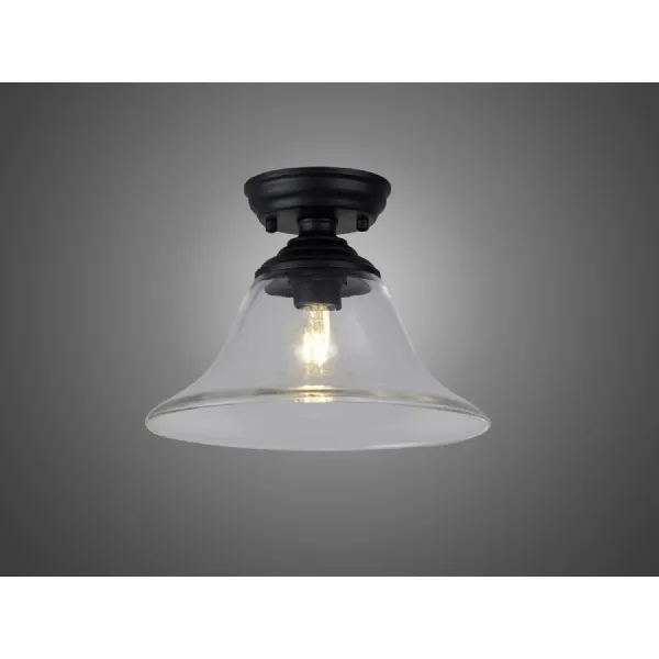 Billericay 1 Light Flush Ceiling E27 With Smooth Bell 30cm Glass Shade Matt Black Clear
