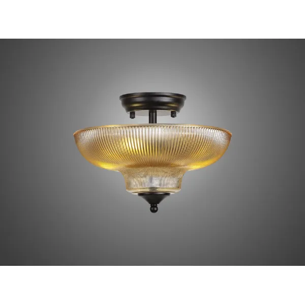 Billericay 2 Light Semi Flush Ceiling E27 With Round 30cm Glass Shade Matt Black Amber