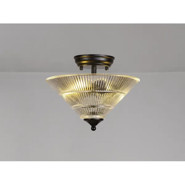 Billericay 2 Light Semi Flush Ceiling E27 With Cone 30cm Glass Shade Matt Black Clear