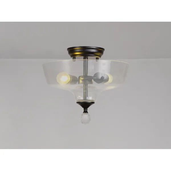 Billericay 2 Light Semi Flush Ceiling E27 With Flat Round 30cm Glass Shade Matt Black Clear