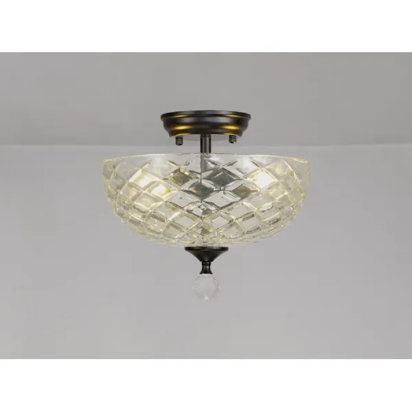 Billericay 2 Light Semi Flush Ceiling E27 With Flat Round 30cm Patterned Glass Shade Matt Black Clear