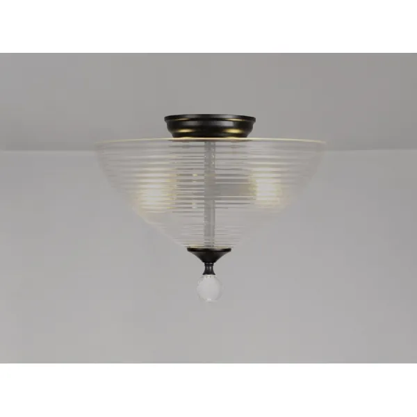 Billericay 2 Light Semi Flush Ceiling E27 With Round 33.5cm Prismatic Effect Glass Shade Matt Black Clear