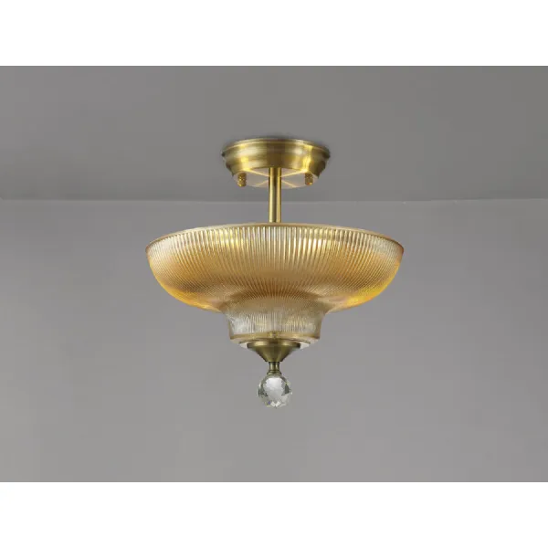Billericay 2 Light Semi Flush Ceiling E27 With Round 30cm Glass Shade Antique Brass Amber