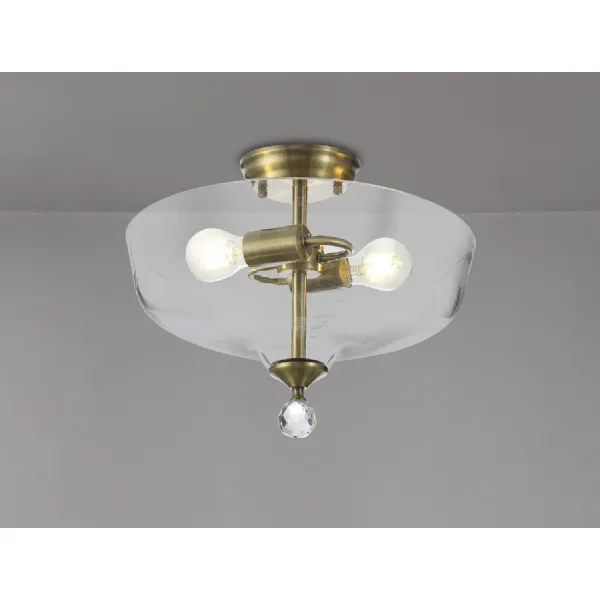 Billericay 2 Light Semi Flush Ceiling E27 With Flat Round 38cm Glass Shade Antique Brass Clear