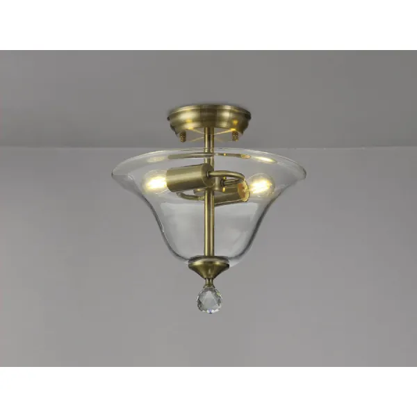 Billericay 2 Light Semi Flush Ceiling E27 With Smooth Bell 30cm Glass Shade Antique Brass Clear