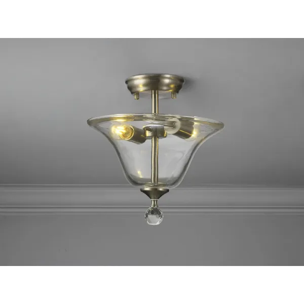 Billericay 2 Light Semi Flush Ceiling E27 With Smooth Bell 30cm Glass Shade Satin Nickel Clear