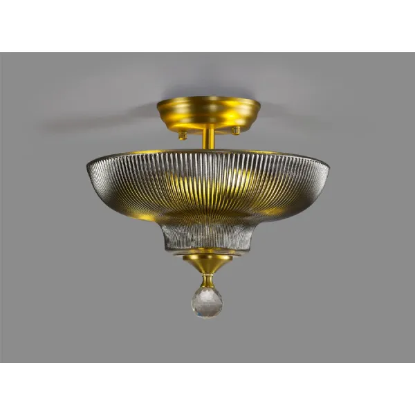 Billericay 2 Light Semi Flush Ceiling E27 With Round 30cm Glass Shade Satin Gold Smoked