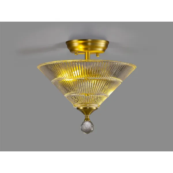 Billericay 2 Light Semi Flush Ceiling E27 With Cone 30cm Glass Shade Satin Gold Clear