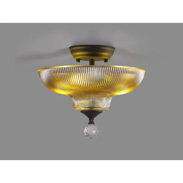 Billericay 2 Light Semi Flush Ceiling E27 With Round 30cm Glass Shade Graphite Amber