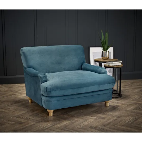 Blue Velvet Upholstered Wide Armchair with Oak Finish Legs