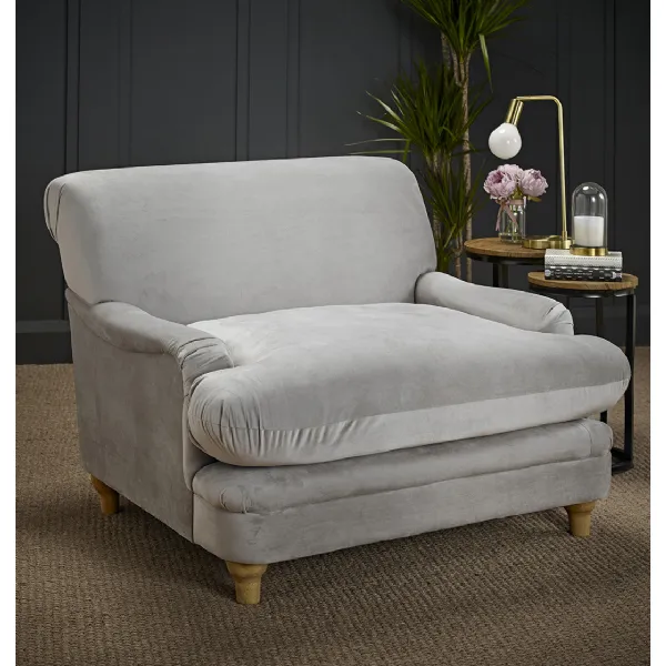 Grey Velvet Upholstered Wide Armchair with Oak Finish Legs