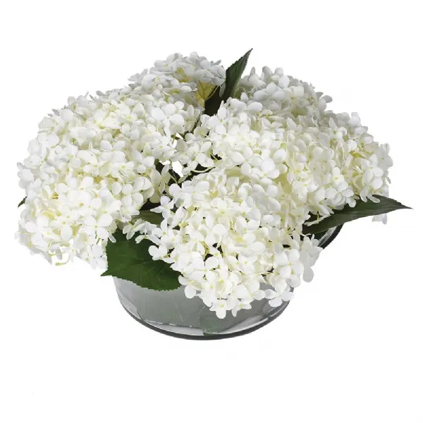White Hydrangea Annabelle Arrangement In Leaf Glass Bowl