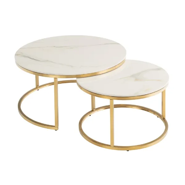 Gold Marble Effect Round Coffee Table Set Metal Frame