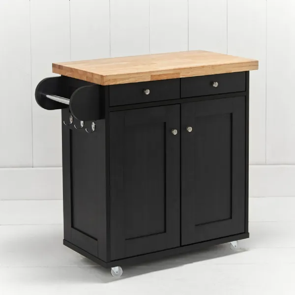 Black Wooden 2 Door 2 Drawer Portable Kitchen Island on Wheels