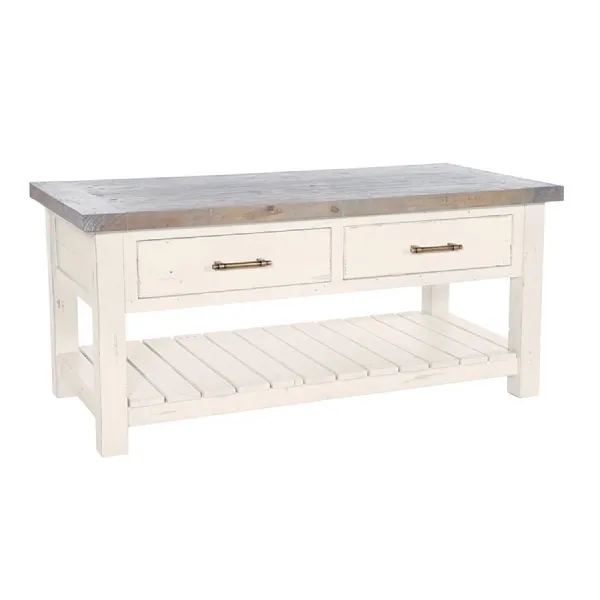 Coastal White Reclaimed Wood 2 Drawer Coffee Table with Shelf