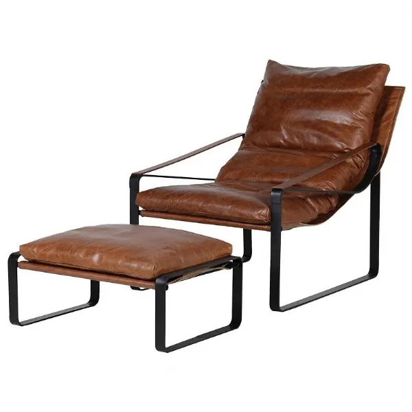 Modern Retro Brown Leather Metal Framed Relaxer Chair And Stool
