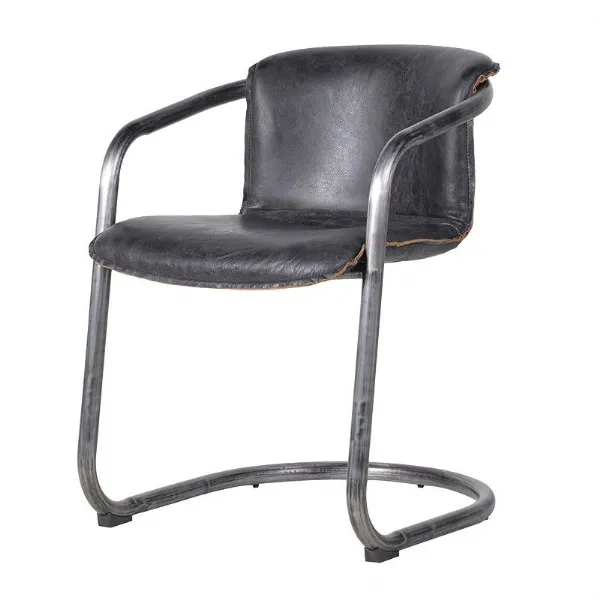 Antique Slate Leather Occasional Chair With Metal Frame
