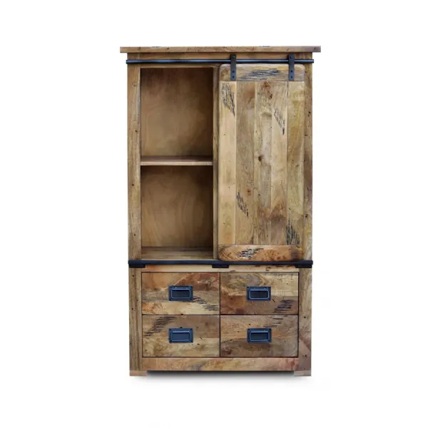Industrial Distressed Mango Wood Chest Display Cabinet with Sliding Doors and Drawers