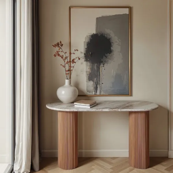 Natural Marble Top Console Table Lacquered Wood Legs