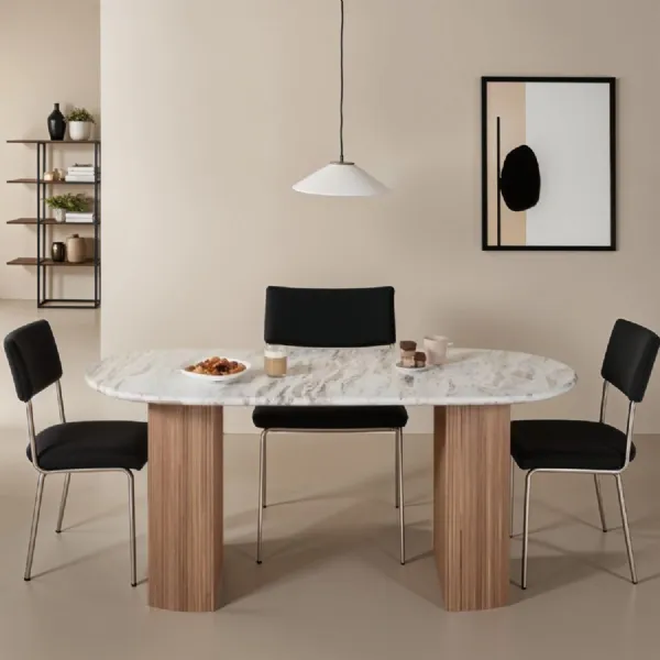 Taupe Marble Top 170cm Large Oval Dining Table Wooden Legs