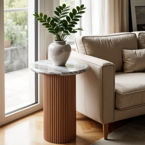 Ashford Natural Marble & Wood Pedestal Side Table