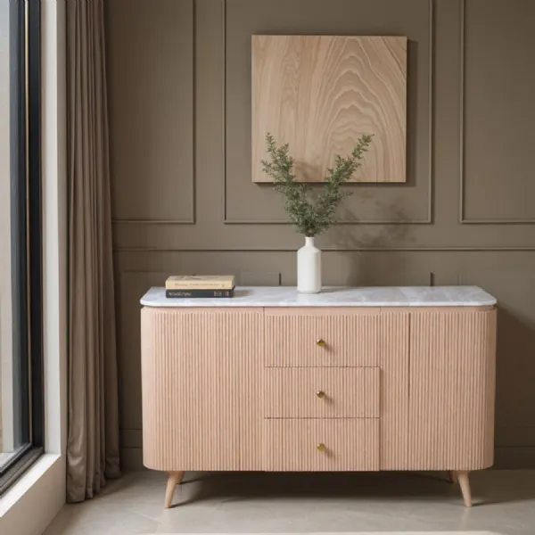 Taupe Mango Wood Marble Top 2 Door 3 Drawer Wide Sideboard