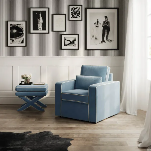 Ice Blue Velvet Foot Stool with Pillow Top and X Legs