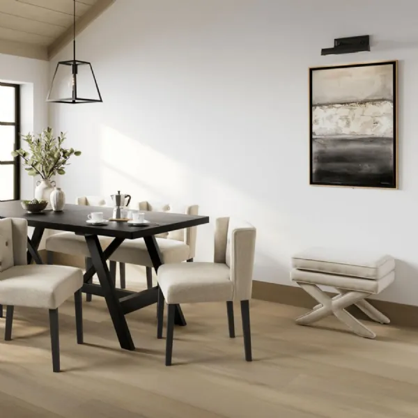 Beige Linen Blend Upholstered Stool with X Shaped Legs