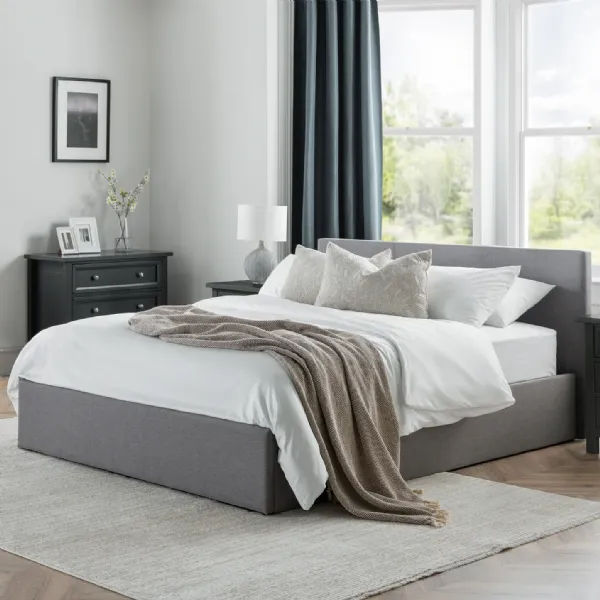 Grey Linen Upholstered 5ft King Size Ottoman Bed with Lift Up Storage