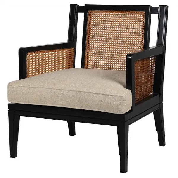 Black Waxed Wooden Arm Chair With Rattan Design