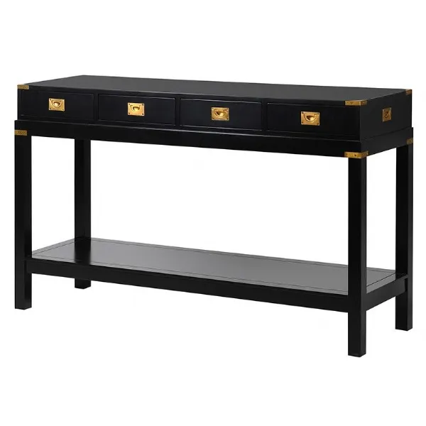Black Military Style 4 Drawer Console Table With Open Low Shelf Brass Handles