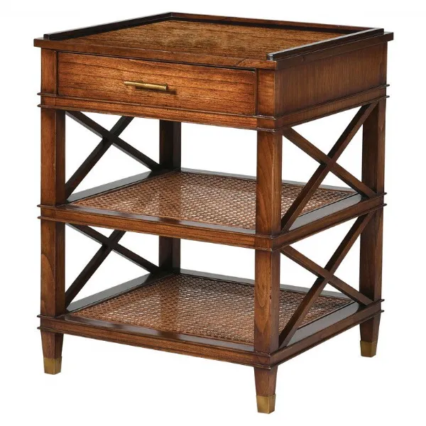 Solid Waxed Wood Side Table Rattan Shelves
