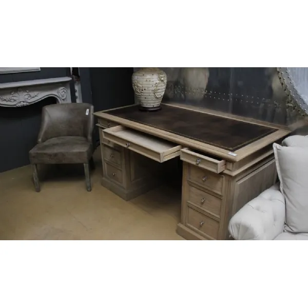 Large Vintage Washed Oak Partners Office Study Desk With Leather Top Inlay