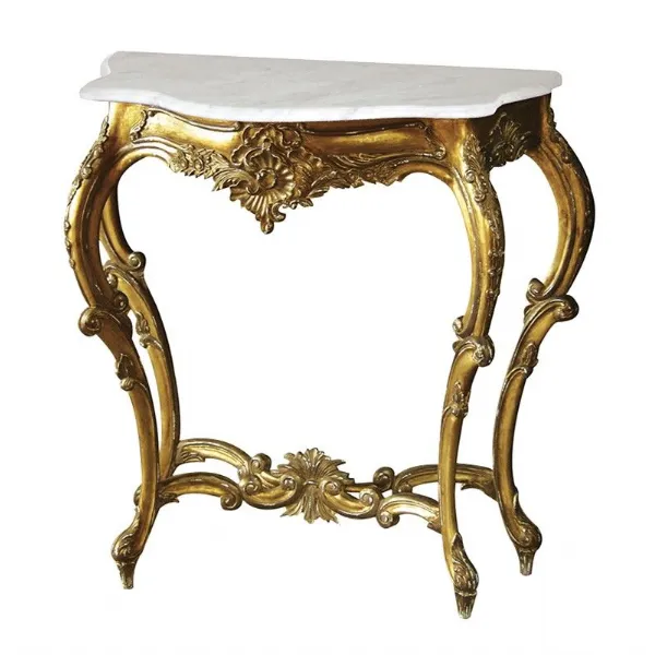Antique Style Gold Leaf Small Console Table With Marble Top