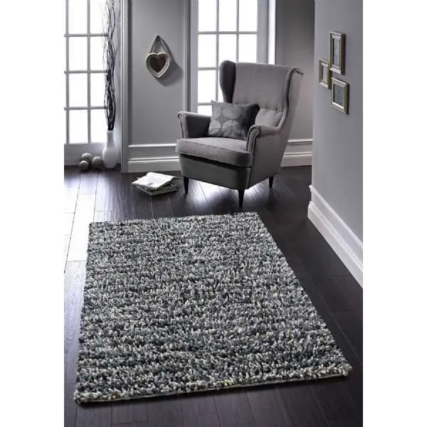 Origins Rocks Grey Hand Woven Pure Wool Shaggy Long Pile Rug 160x230cm