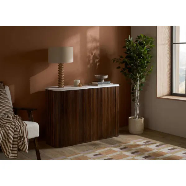 Walnut Effect Wood 2 Door Small Fluted Sideboard Marble Top