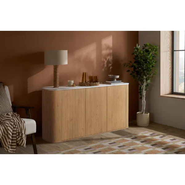 Oak Effect Wood 3 Door Oval Fluted Sideboard Marble Top