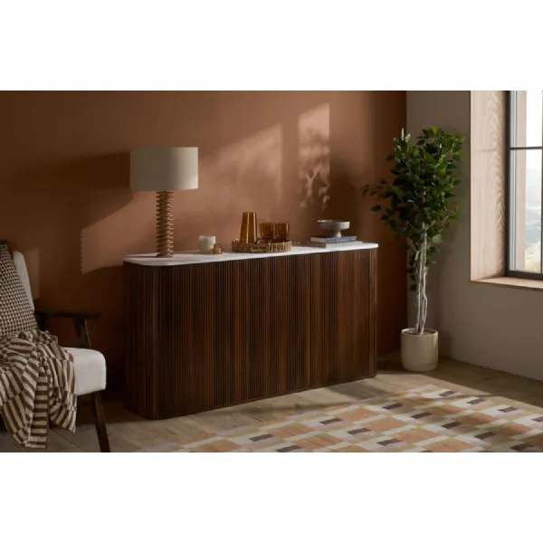 Walnut Wood 3 Door Oval Fluted Sideboard with Marble Top