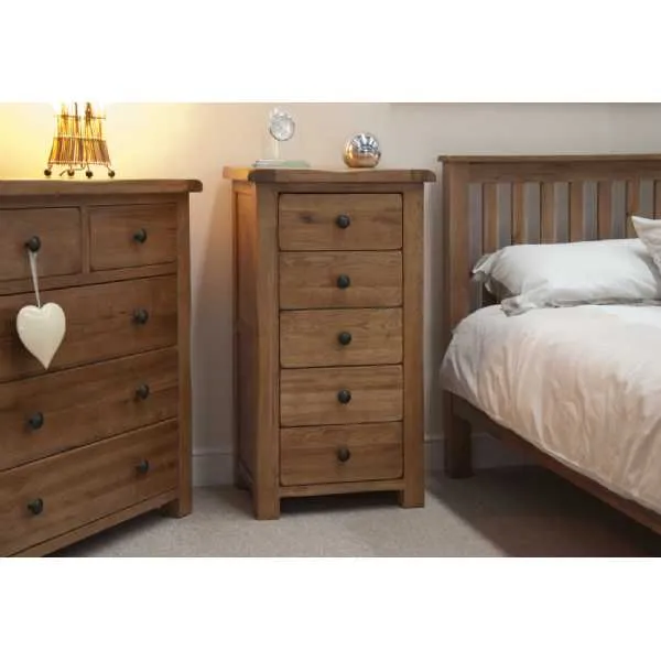 Rustic Oak 5 Drawer Narrow Chest