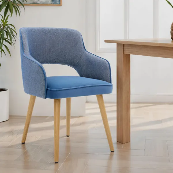 Blue Fabric Curved Back Dining Chair with Oak Legs
